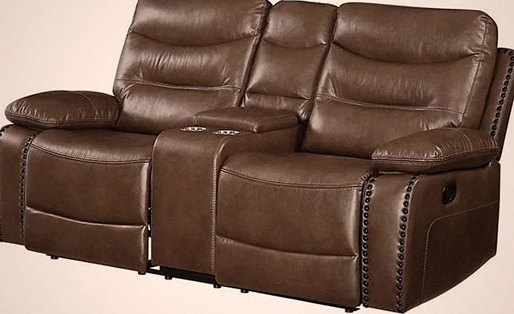 Aashi Brown Leather-Gel Loveseat with Console & Motion Features