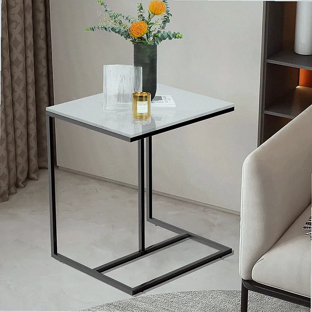 C Shaped Side Table End Table for Couch Bed Recliner Extra Wide Marble White Top