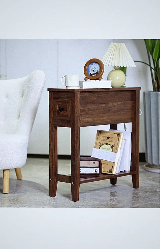 Chairside Narrow End Table, Solid Recliner Side Table with Drawer, Slim Nightsta