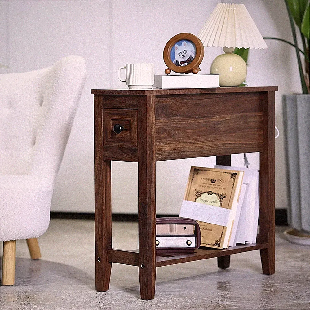 Chairside Narrow End Table, Solid Wood Recliner Side Table with Drawer, Slim Nig