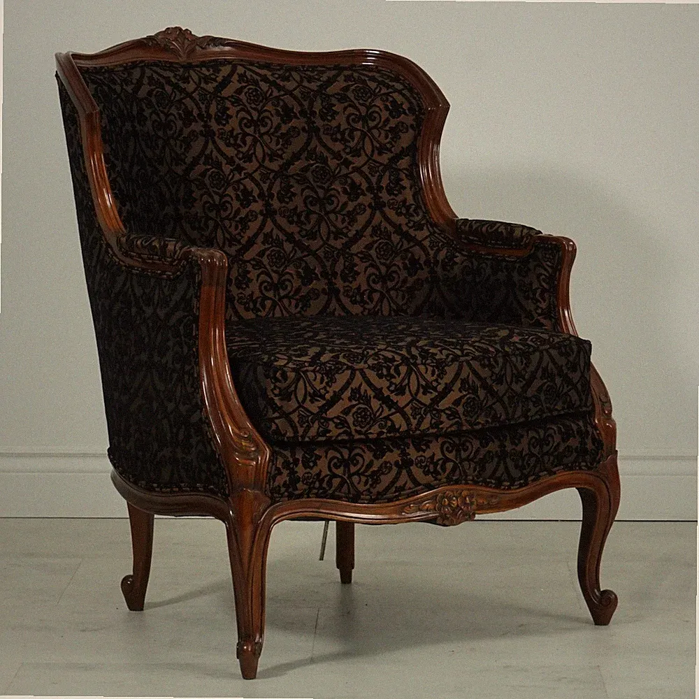 French Bergere Louis Lounge Arm Chair Mahogany Black Damask