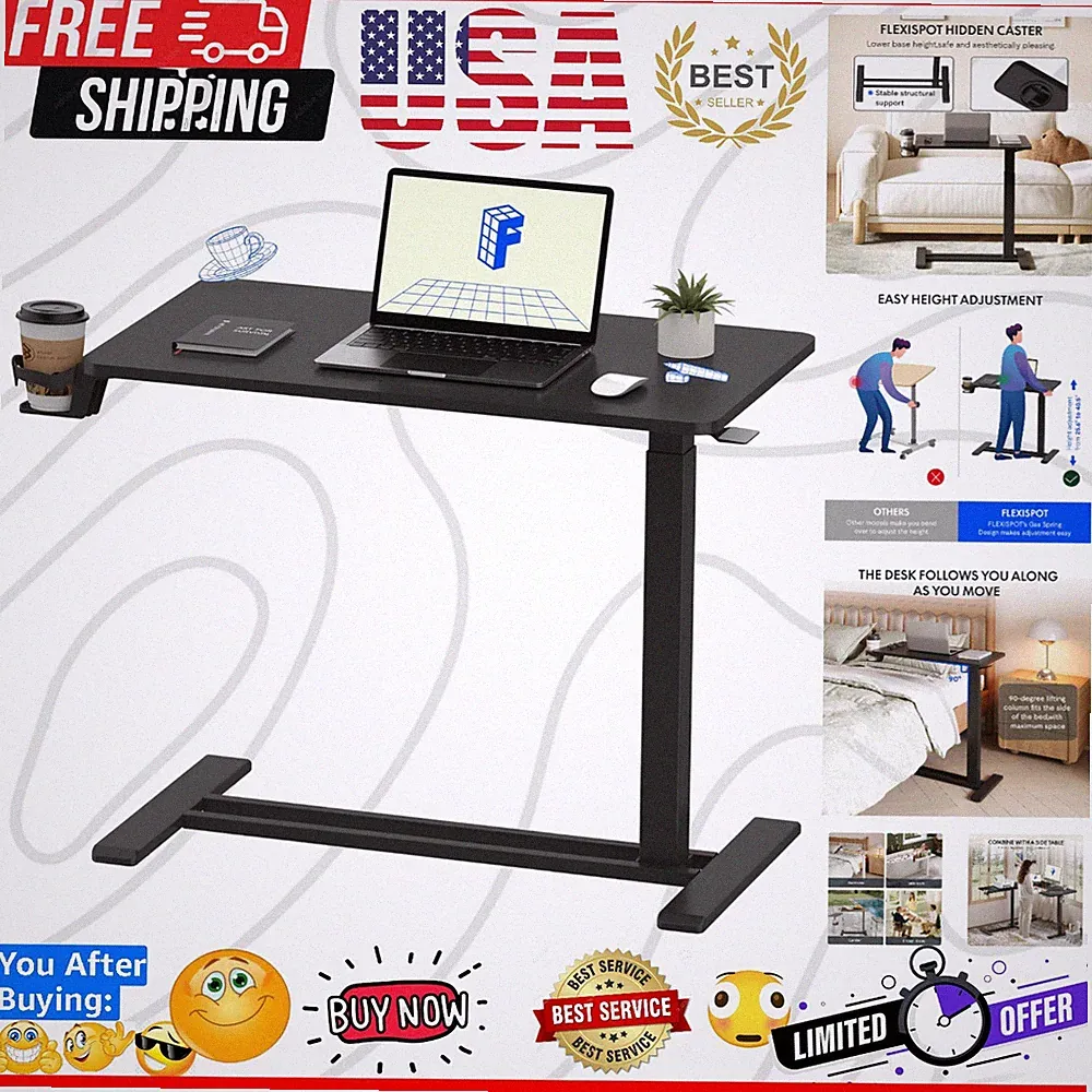 H7 Adjustable Overbed Bedside Table with Wheels Pneumatic Mobile Standing Des...