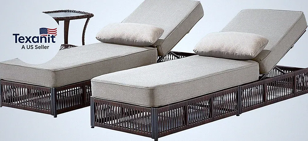 Luxury Outdoor Chaise Lounge Chairs of 2 with 5 Inch Thick Cushions and Side Tab