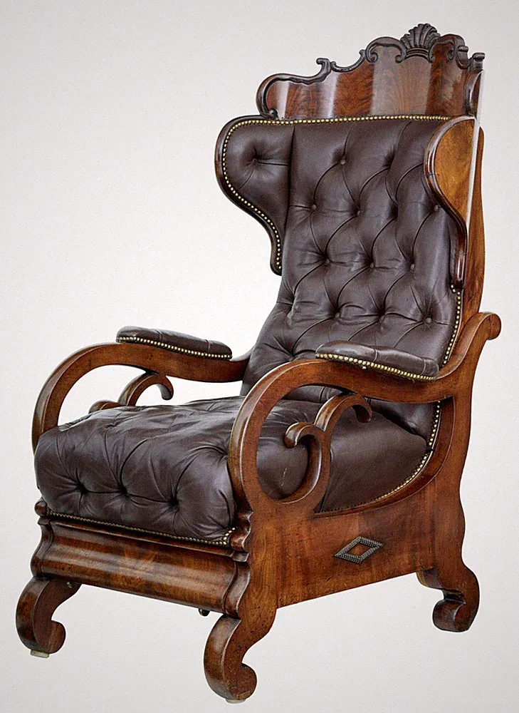 MID 19TH CENTURY FRENCH EMPIRE MAHOGANY AND LEATHER RECLINING CHAIR