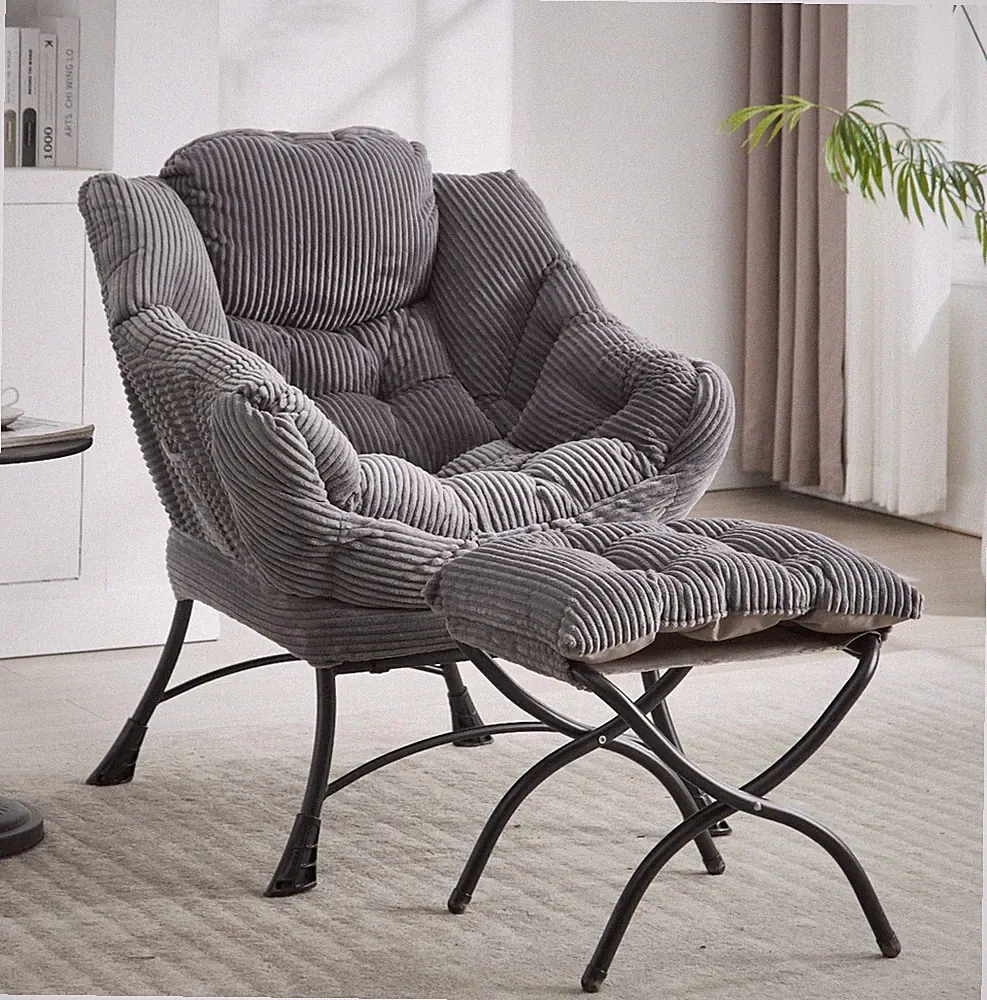 Modern Accent Chair w/ Ottoman Fabric Lounge Lazy Chair Armrest Side Pocket