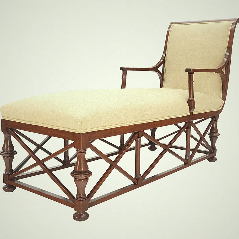 New Linen Upholstery Carved Mahogany Federal Style Chaise Lounge Chair MINT!