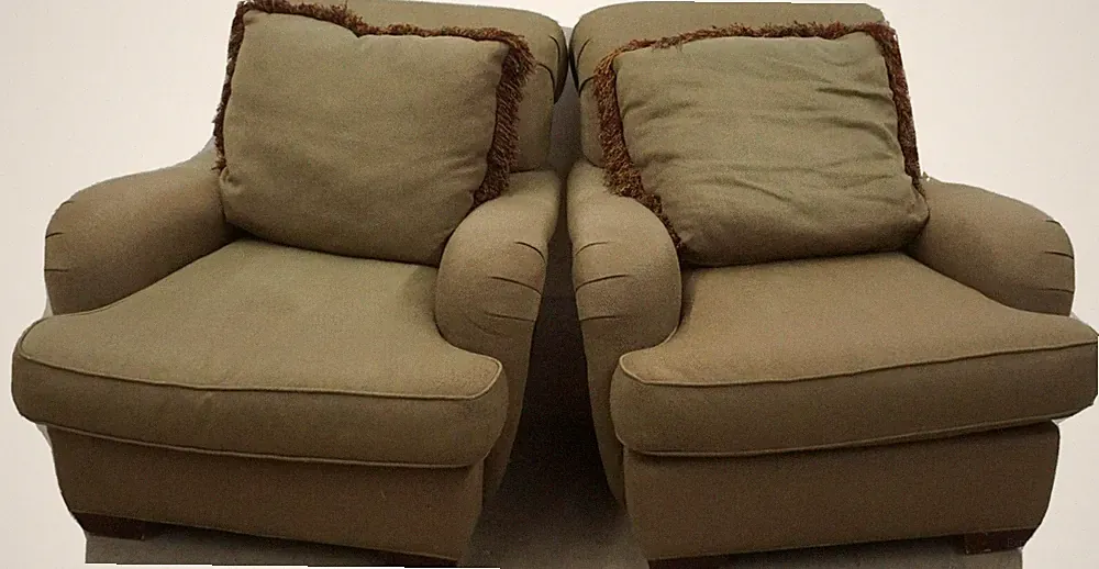 Pair of Baker Upholstered Club Armchairs Lounge Chairs with Matching Pillows