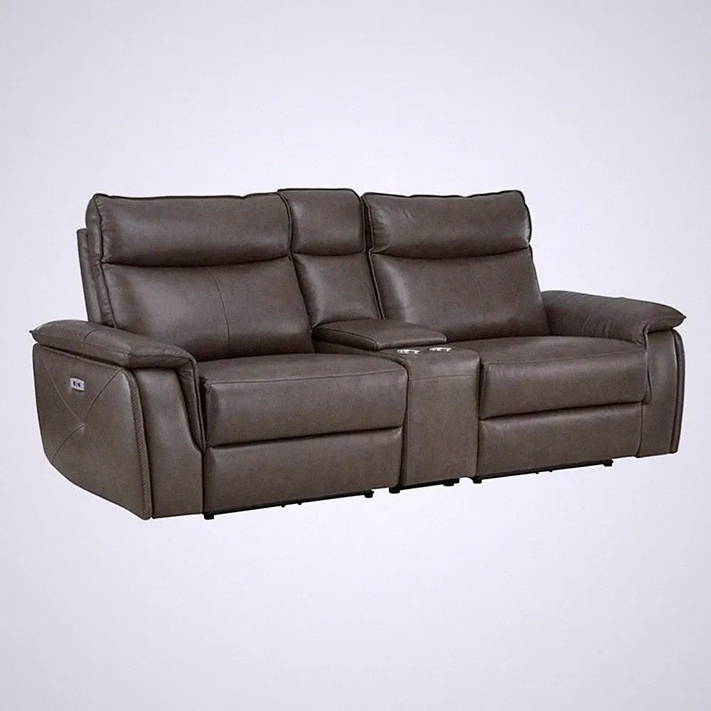 Pemberly Row 93.5" Leather Power Reclining Loveseat with USB & Console in Brown