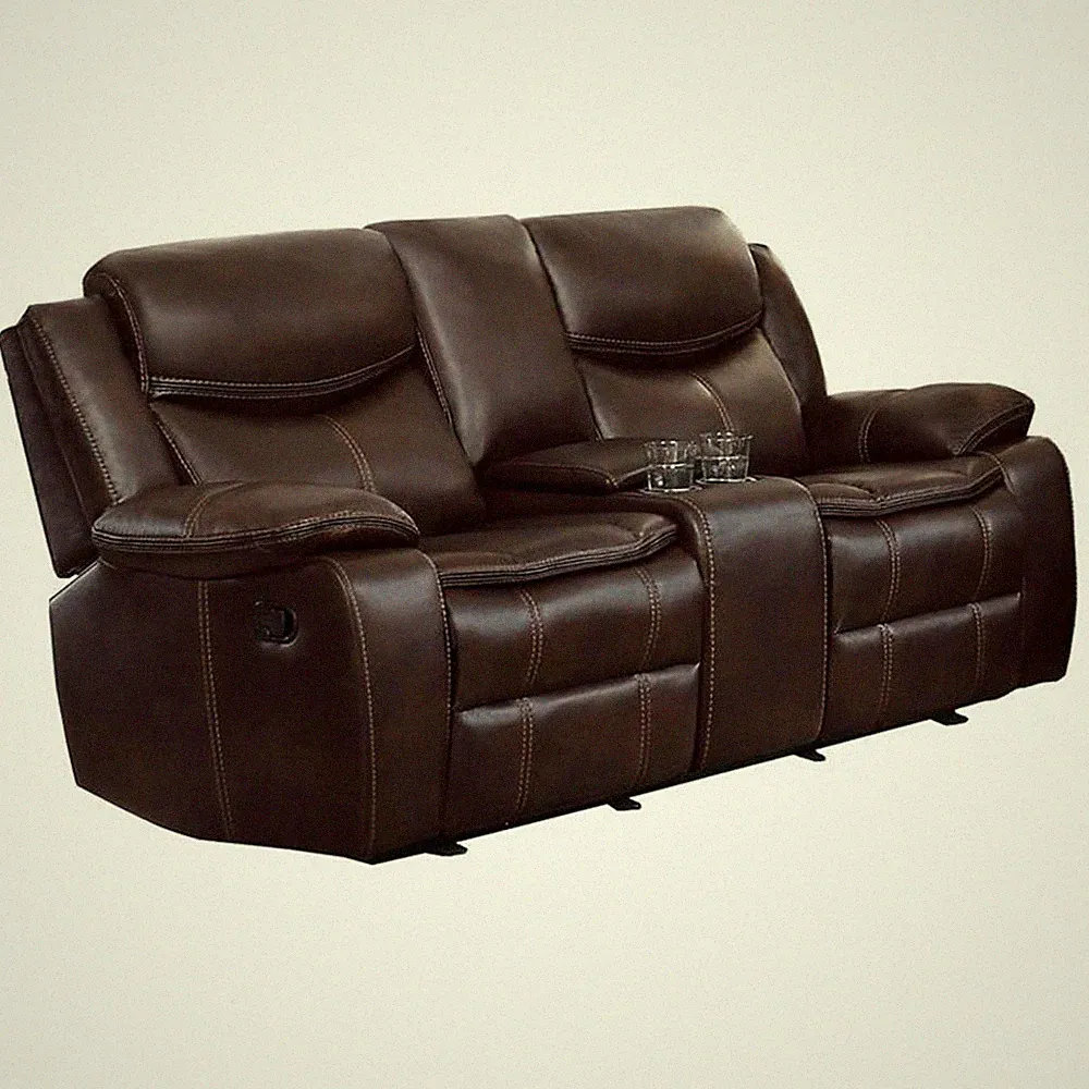 Pemberly Row Double Glider Reclining Loveseat with Console in Brown