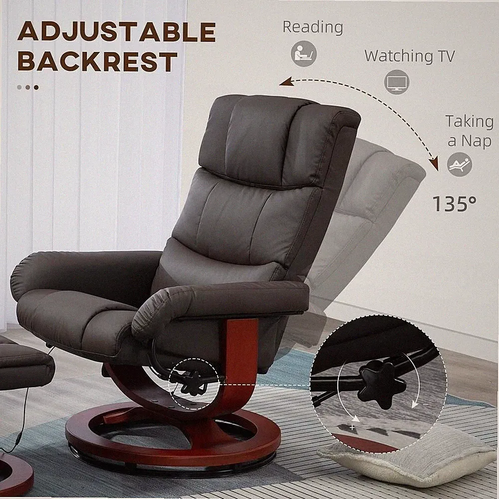Reclining Lounge Chair Swivel Recliner Sofa Seat w/Massage and Ottoman in Brown