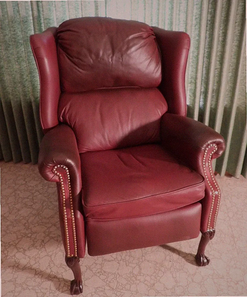 Vintage Chippendale Style Burgundy Leather Mahogany Wingback Recliner Chair